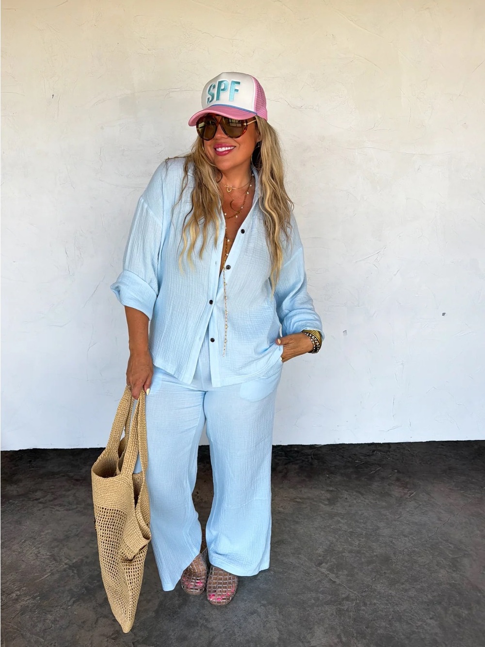 Light Blue 100% Cotton Gauze Wide-Leg Pants Set